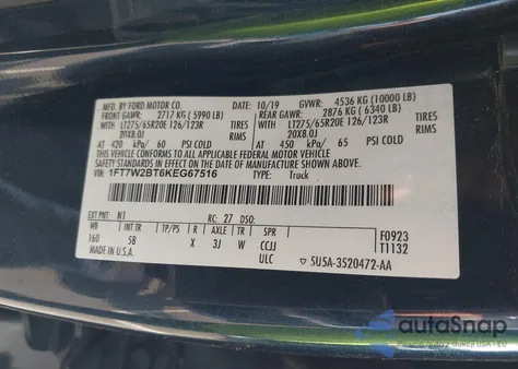 2019 Ford F-250 Lariat from USA, damaged, VIN 1FT7W2BT6KEG67516